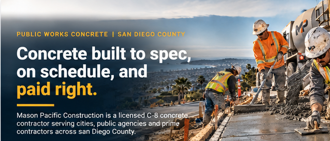 Concrete crew finishing a new city sidewalk on a San Diego residential street