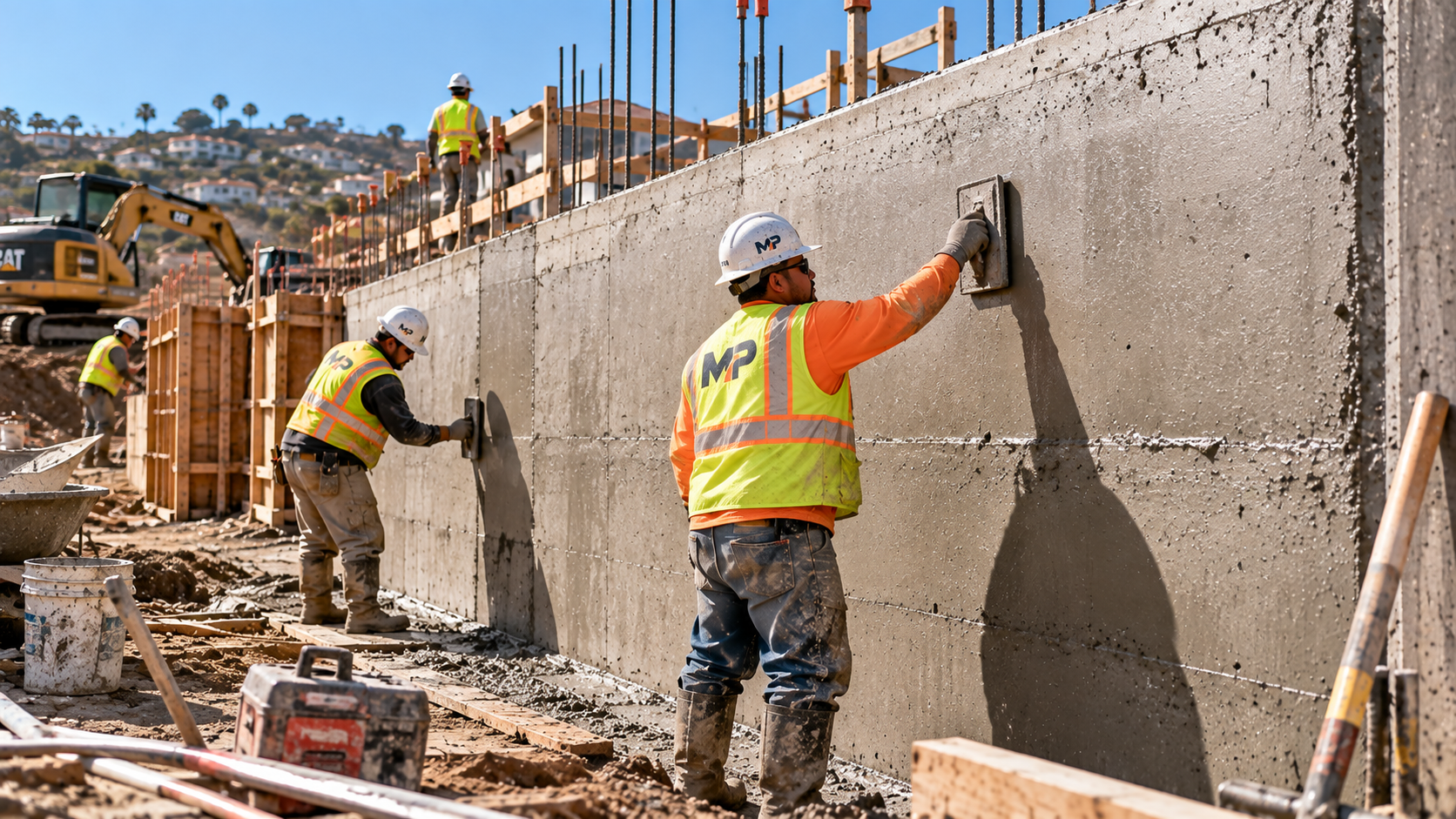 Crew stripping plywood forms from a new cast-in-place concrete retaining wall