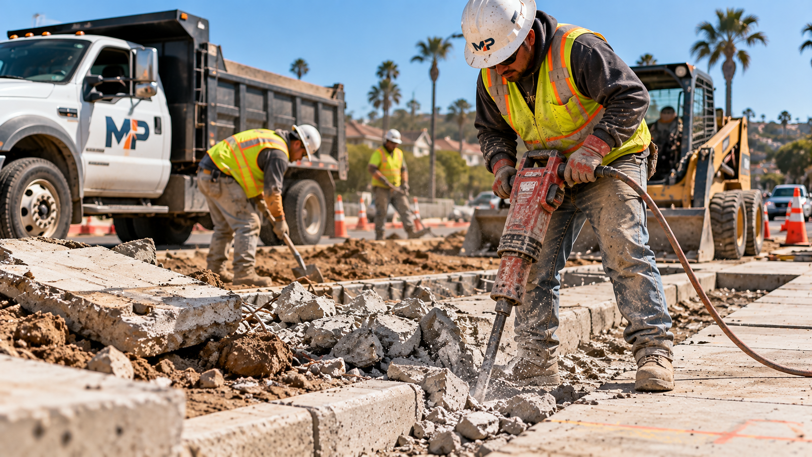 Worker saw-cutting a sidewalk panel lifted by tree roots