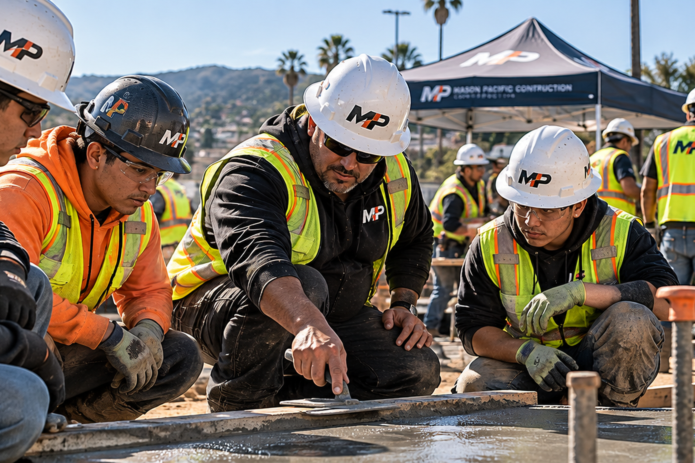 Experienced concrete finisher teaching an apprentice to edge a fresh slab