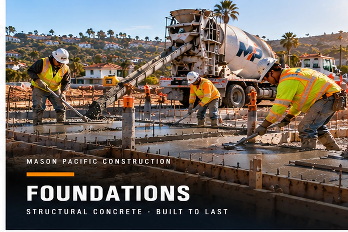 Worker tying rebar in excavated footings before a concrete foundation pour
